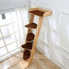 SHENGOCASE Modern 70" Tall Natural Wood 6 Level Leaning Cat Climbing Ladder Tree Tower with Large Perch Platform for Wall Window, Solid Wood Furniture for Multiple Cats