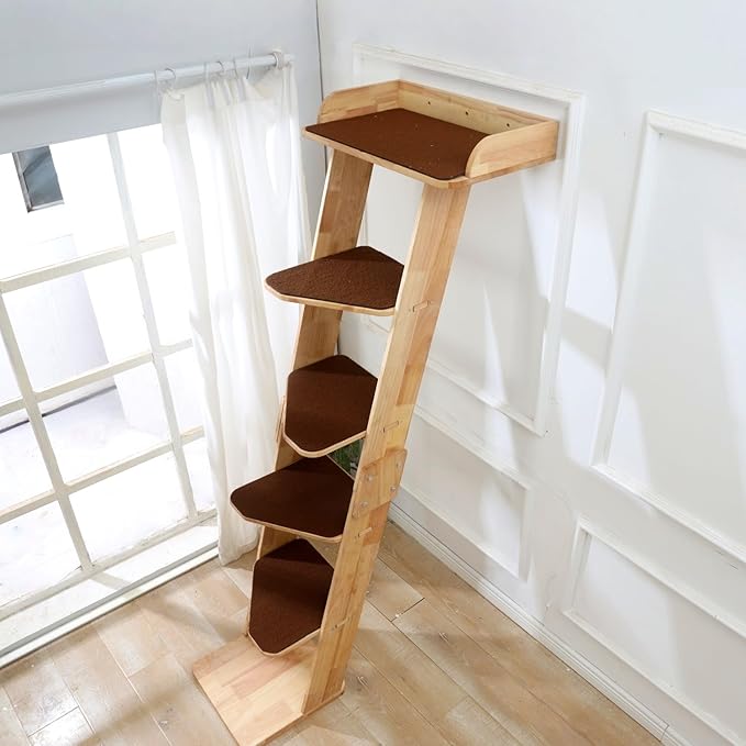 SHENGOCASE Modern 70" Tall Natural Wood 6 Level Leaning Cat Climbing Ladder Tree Tower with Large Perch Platform for Wall Window, Solid Wood Furniture for Multiple Cats