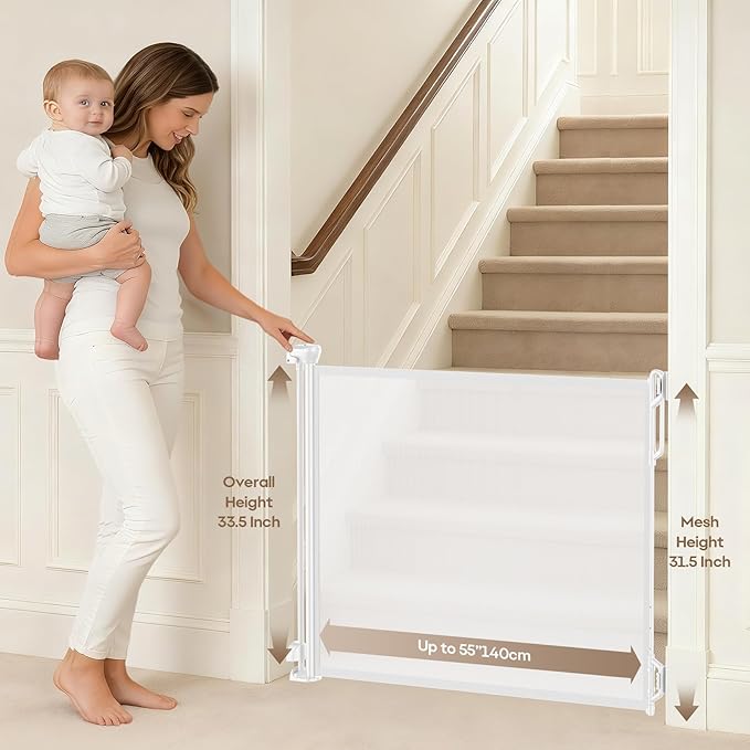 Retractable Safety Baby Gate or Mesh Dog Gate,Durable Portable Mesh Retractable Gate,Easy to Use for Stairs, Doorways, Hallways, Indoor, Outdoor, 33.5" Tall, Extends to 55" Wide,White