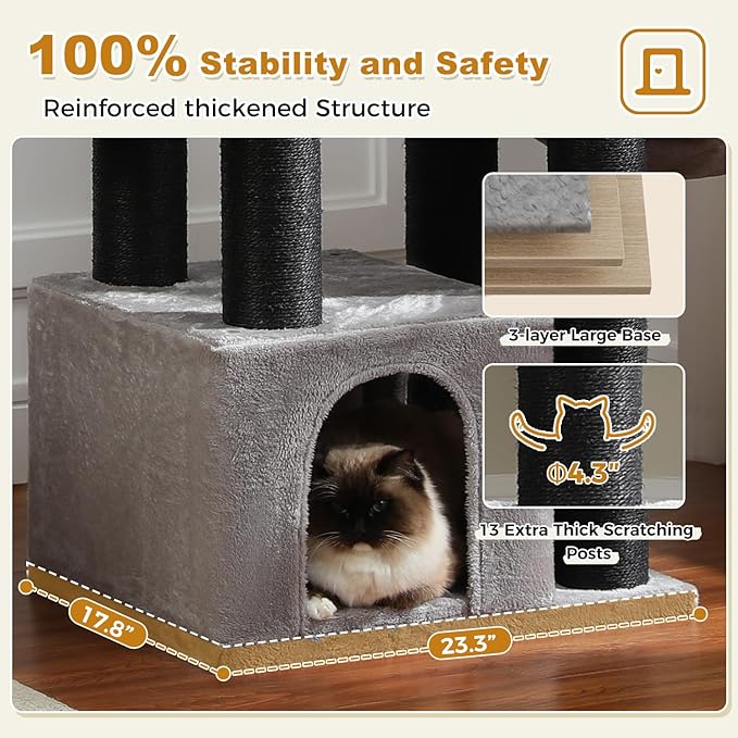 PETEPELA 67" XXL Cat Tree for Large Cats up to 25 lbs, Heavy Duty Cat Tower w/13 Extra-Thick Sisal Scratching Posts [φ4.3”], Cat Furniture with Metal Frame Hammock & XL Condo for Maine Coon, Black