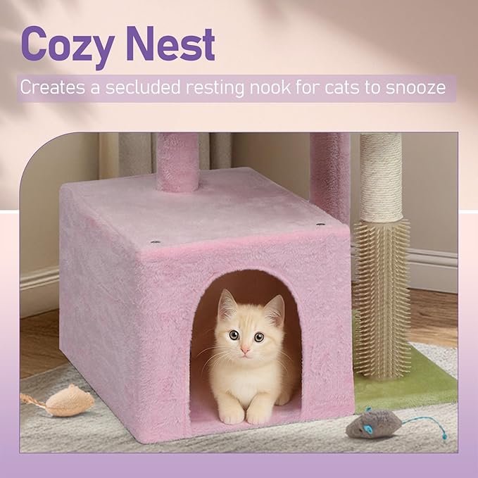 26.7" Cat Tree Tower with Cozy Condo & Top Perch, Cute Cat Tree for Indoor Cats, Multi-Level Cat Tree Tower for Indoor Cats with Scratching Post (Pink/Green)