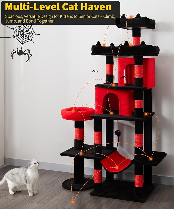 Heavy Duty Cat Tree for Indoor Cat, 71 Inch Large Cat Tower with Scratching Post and Top Perch, Hammock, Big Cat Condo for Adult Cats Kittens, PMT03RD, Black Red