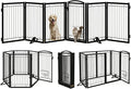 Metal Free Standing Dog Gate with Cat Door for Indoor/Outdoor,120" Extra Wide Foldable Pet Gate,32" Tall Foldable Indoor Dog Fence for Large Openings Stairs,Deck,Yard,Doorways(6 Panels,Black)