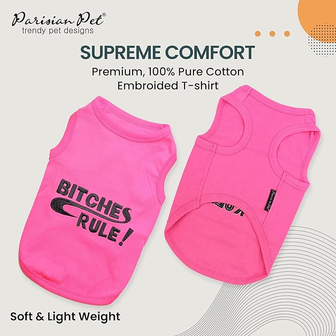Parisian Pet Dog Shirt – 100% Cotton Shirts for Large Dogs – Pink Sleeveless Puppy Clothes – Lightweight and Breathable Pet Apparel – Bitches Rule Girl Dog Clothes - Stretchy T Shirts for Dogs