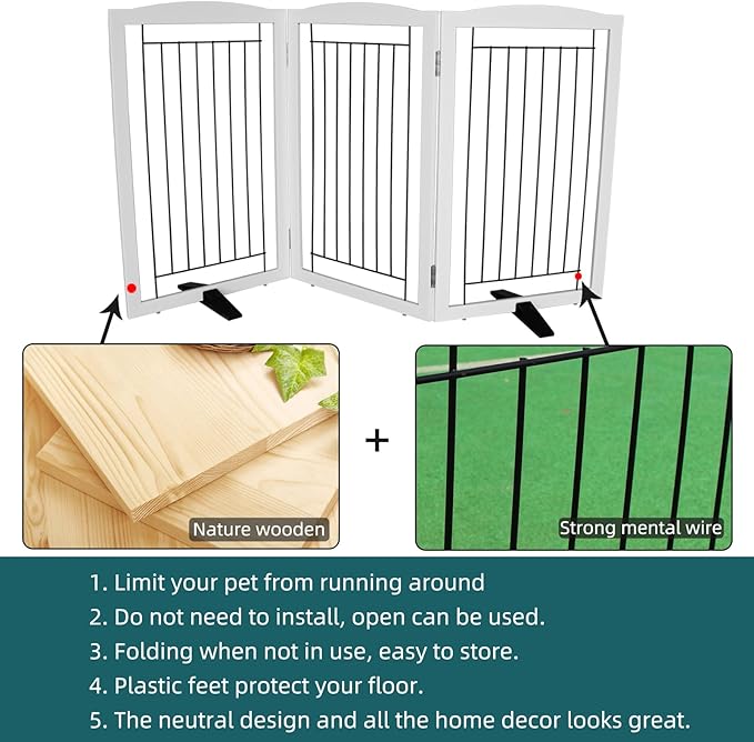 Dog Fence Indoor,Dog Gate Indoor for Doorway pet gate -3-Panel Freestanding, Hallways, House or Stairs -60x32-Inch Retractable Foldable Expandable Wood Pet by SFJC (White) ﻿