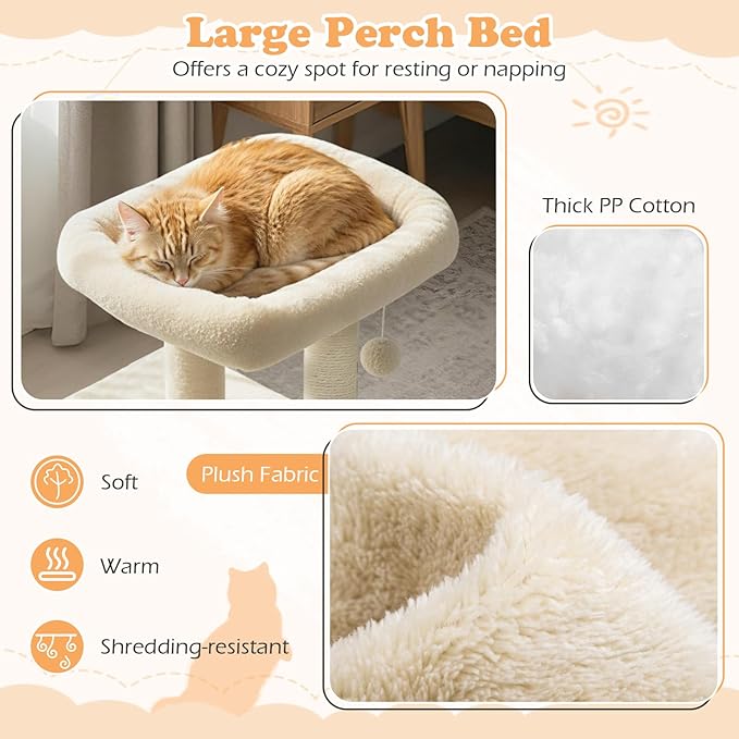 Tangkula Small Cat Tree for Indoor Cats, Cat Tower with Sisal Scratching Posts, Hanging Pompom, Cat Condo with Large Padded Plush Perch for Small Spaces, Kittens (Beige)