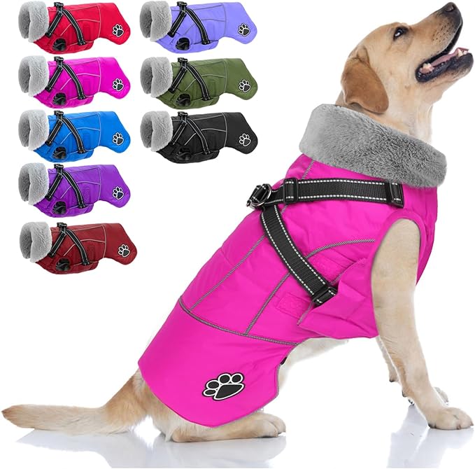 Doglay Dog Coat with Harness, Reflective Warm Dog Jacket Waterproof Puppy Winter Coat for Cold Weather, Adjustable Fleece Jacket for Small Medium Large Dogs