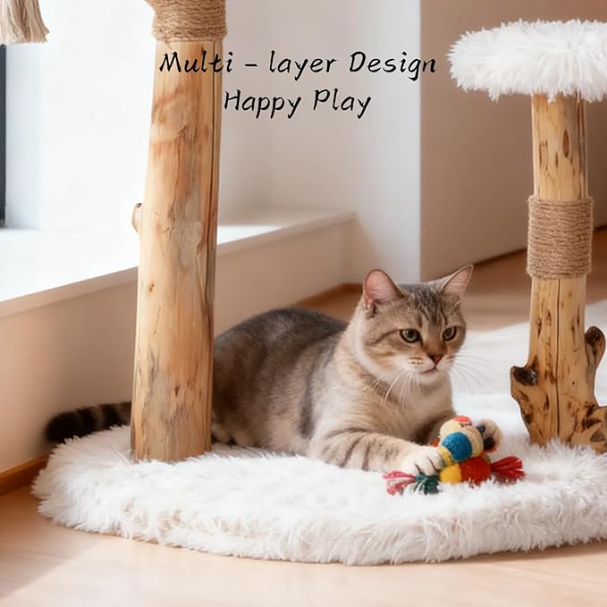 Modern Cat Tree Tower for Indoor Cats, Natural Solid Wooden Branch with Sisal Scratching Post, Log Style Cat Furniture with Perches Platform & Toy Ball for Multi-Cat Households