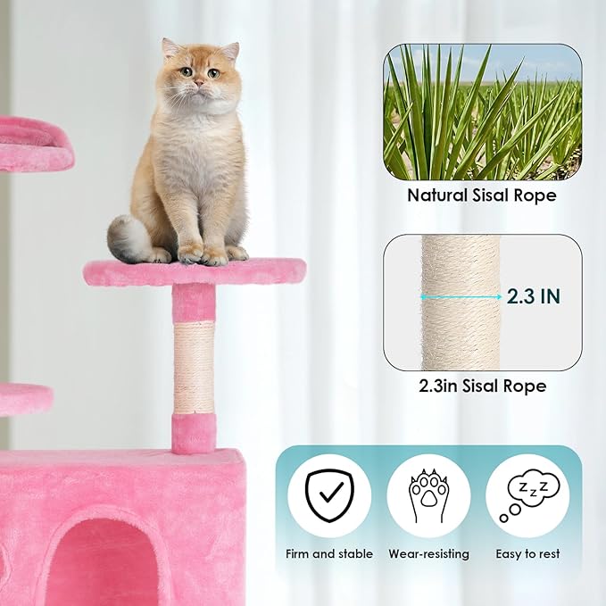 Cat Tree 53 inches Cat Tower for Indoor Cats Cat House with Replaceable and Removable Dangling Ball Cat Trees and Towers with Funny Toys, Pink