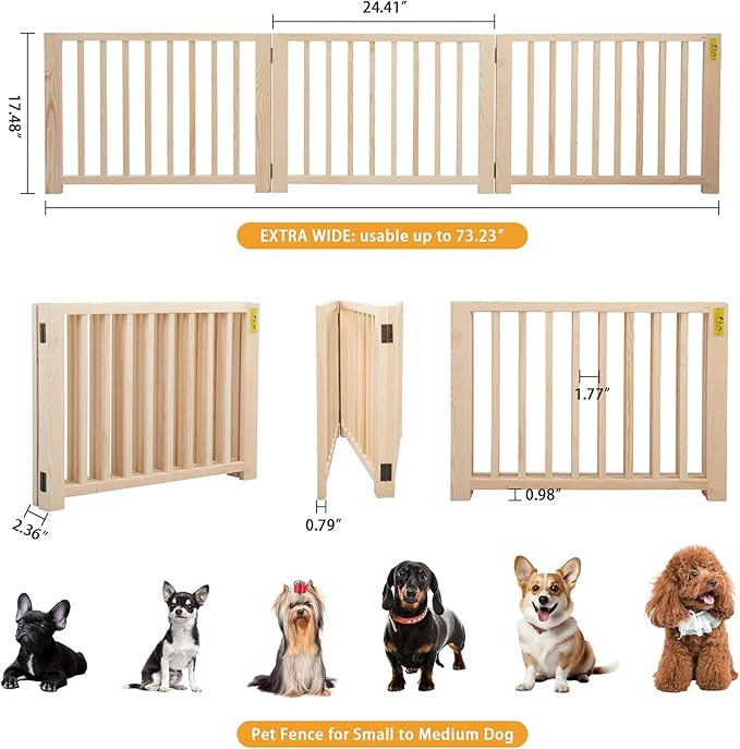 COZIWOW Freestanding Wooden Dog Gate - Indoor Pet Gate with Walk-Through Door, Adjustable and Portable Dog Barrier for Small to Medium Dogs, No Drilling Required, Stylish Wooden Finish,Natural