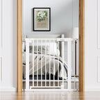 Babelio Baby Gate for Doorways and Stairs, 31-36" Pet Gate with Wide Walk Thru Door and Lock Indicator, No Drill Pressure Mounted Safety Gate with Double Lock and Self-Closing, White