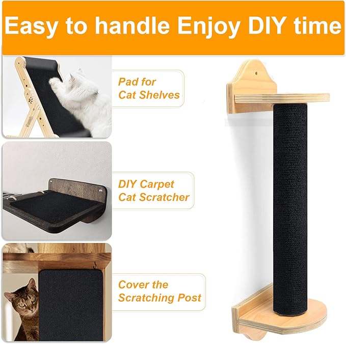 Large Cat Scratching Mat, 118"x15.8" Self-Adhesive Scratch Furniture Protector, Trimmable DIY Wall Climbing Carpet, Couch Protector, Scratching Pad Replacement (Black, 118"x15.8")