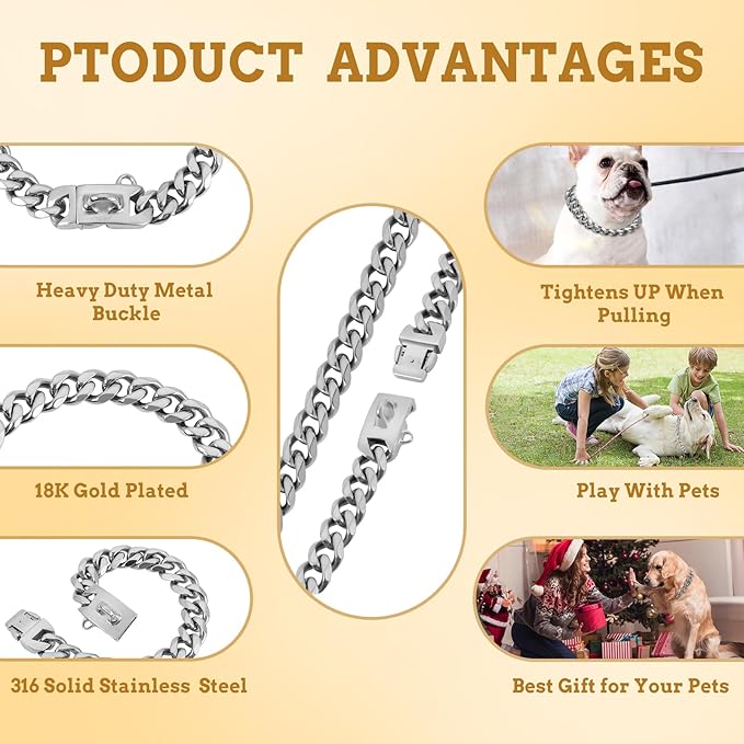 BAOBOTE 15MM Silver Stainless Steel Dog Collar with Cuban Link Chain Heavy Duty Chew Proof Training Collar for Dogs(18" Silver)