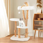 PETSITE 44 inch Wood Cat Tree, Modern Wooden Cat Tower with Jute Scratching Posts, Top Perch, Soft Long Plush and Dangling Ball, Pear Wood Branches Cute Cat Tree for Indoor Cats