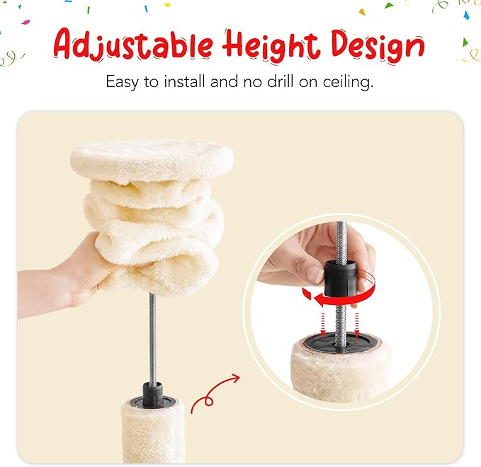 Cat Tree, Floor to Ceiling Cat Tower Adjustable Height [92.9-102.4 in=235-258cm], 7 Tiers Cat Climbing Play House with Scratching Post, Cozy Condo & Hammocks for Indoor Cats, Beige