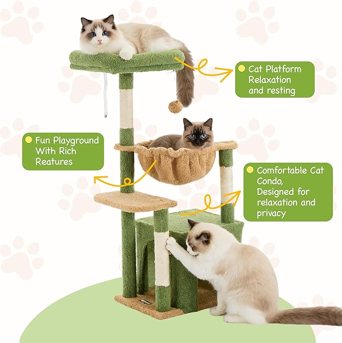 Cat Tree for Indoor Cats, 39.8-inch Cat Tower with 2 Plush Perches for Play & Rest, 1 Cozy Hideaway, Dangling Toy & Full Sisal Scratching Posts for Indoor Cats, Green