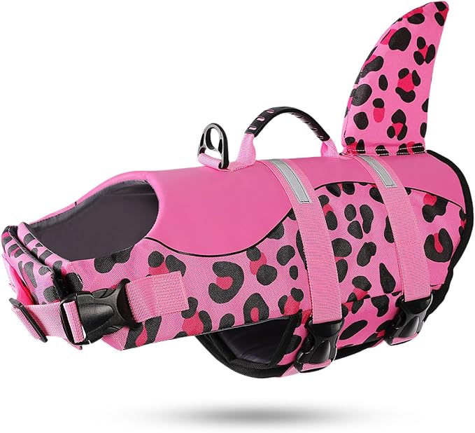 ASENKU Dog Life Jacket - Pet Safety Vest for Swimming & Boating, Shark Life Jacket with Floatation, Dog Lifesavers Swimsuits for Small Medium Large Dogs (Pink Leopard, L)