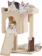 Small Cat Tree Tower for Adult Cats with Large Top Bed 20x13.8”Private Cat Condo,Sisal Scratching Post and Ramp and Self Groomer and Spring Ball-Beige