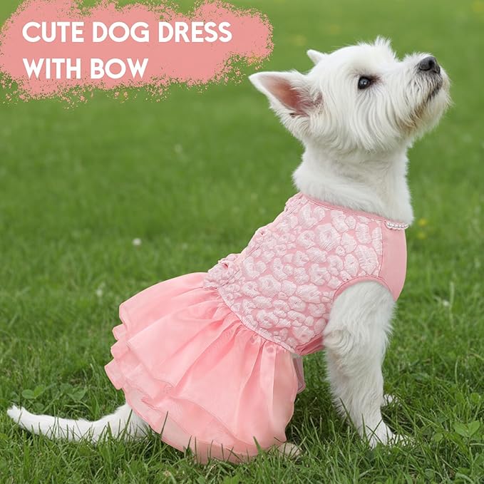 ASENKU Dog Dress, Dog Wedding Dress, Pet Lace Princess Dress with Bows for Wedding Birthday Party, Puppy Formal Apparel with Pearl Necklace for Large Dogs (Pink, X-Large)