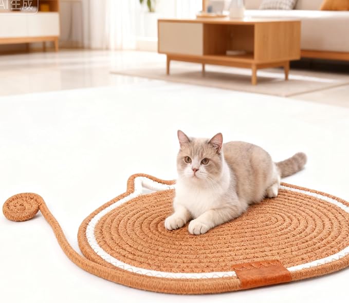 Cat Scratcher Mat Natural Cotton Rope Oval Horizontal Floor Cat Scratch Bed Pad with Ball Toy Protector for Furniture Floor Wall (Purple, 1PC)