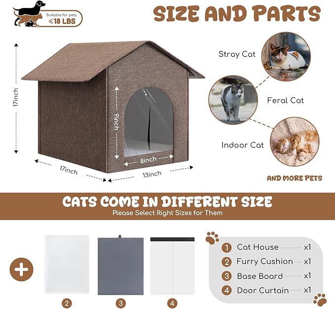 Outdoor Cat House Weatherproof, Insulated Cat Houses for Outdoor/Indoor Cats for Winter, Waterproof Feral Stray Cat Shelter with Door Curtain and Warm Cushion, Easy to Assemble, Brown