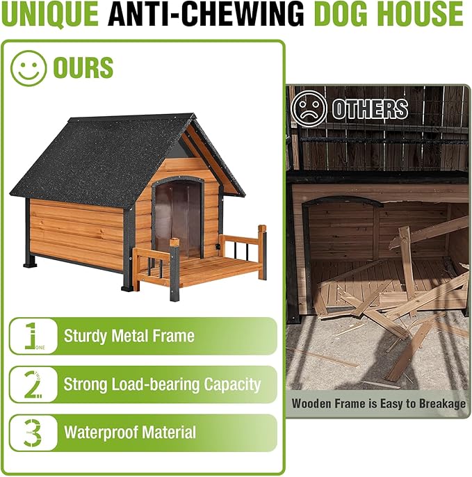 GUTINNEEN Outdoor Dog House Insulated Weatherproof Dog Kennel with Anti-Bite Metal Frame, Puppy Shelter with Insulated Liner and Porch for Small, Medium Large Dogs (Brown, 45’’ Medium)