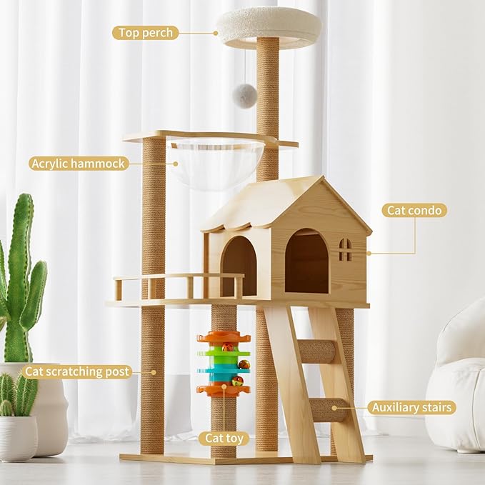 Cat Tree, Wood Cat Tree Tower for Indoor Cats, 47.3" Modern Cat Tower with Sisal-Covered Scratching Posts and Top Perch，Cat Condo with Acrylic Hammock for Small Large Cats