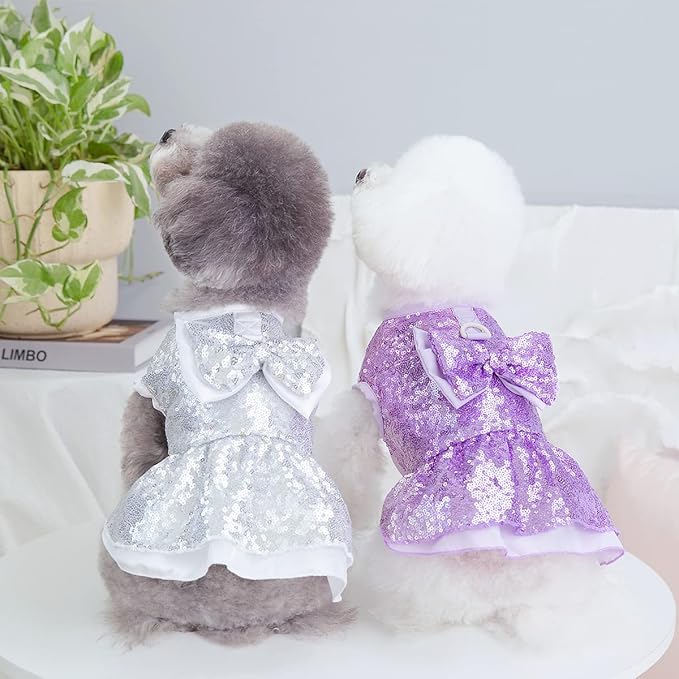 Tangpan Sequins Bow-Knot Pet Dance Dress Dog Christmas Party Dress (Silver, XS)