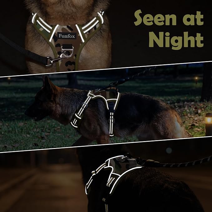 Funfox Dog Harness No Pull, Adjustable Pet Vest Harness, Super Soft Material with Vertical Handle Easy Control, Reflective Night Walking, 2 Leash Clips for XLarge Dogs, Camo Green, XL