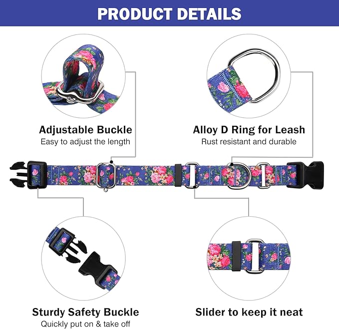 Hikiko Martingale Collar for Dogs Girl Dog Collars for Small Medium Large Dogs with Cute Female No Pull Dog Collar（Blue Rose,Small）