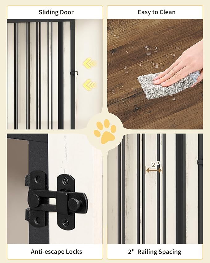 43.3" Dog Crate Furniture with Barn Door, Heavy Duty Dog Kennel Indoor with 2 Doors, Wooden Pet Cage End Table for Large Small Medium Dogs, Anti-Chew Anti-Escape, White Brown DFC92314B