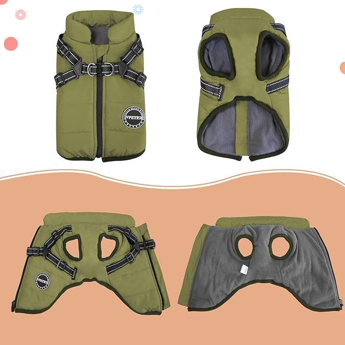 Dog Winter Coat,Warm Jacket Paded Fleece Pet Vest with Built in Harness,Windproof Reflective Cozy Adjustable Snow Pet Coat Clothes with Zipper for Small Medium Dogs