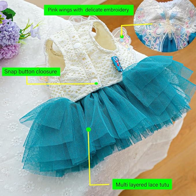 ANIAC Butterfly Dog Dress with Blue Tutu Funny Pet Clothes with Wing Girl Puppy Dress for Small Dogs Pet Butterfly Costume Holiday Cat Outfit for Halloween Birthday Wedding (Lake Blue, Small)