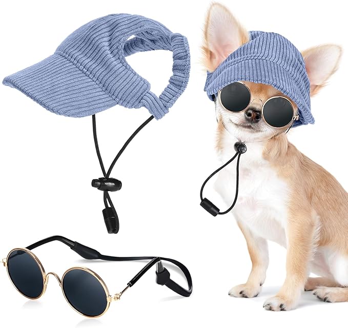 Jadive X-Small Dog Sun Hat with Ear Holes, Dog Cat Sunglasses with Anti-Slip Silicone Rope Baseball Cap Adjustable Puppy Sunbonnet Headdress Beach Visor Hat for Puppies Summer Outdoor(Blue)