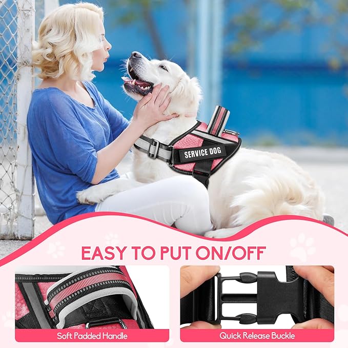 Service Dog Vest Harness and Leash Set, Animire in Training Dog Harness with 10 Dog Patches, Reflective Dog Leash with Soft Padded Handle for Small, Medium, Large, and Extra-Large Dogs (Rosy,M)