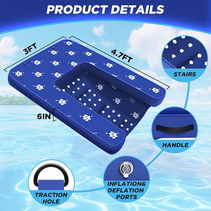 Inflatable Dock Platform, Dog Boat Ramp Floating Non-Slip Oxford and PVC with Water Ramp for Dogs Pool, Dock, Lake with Traction Rope, Manual Air Pump (4.7ft x 3ft x 6in) Blue