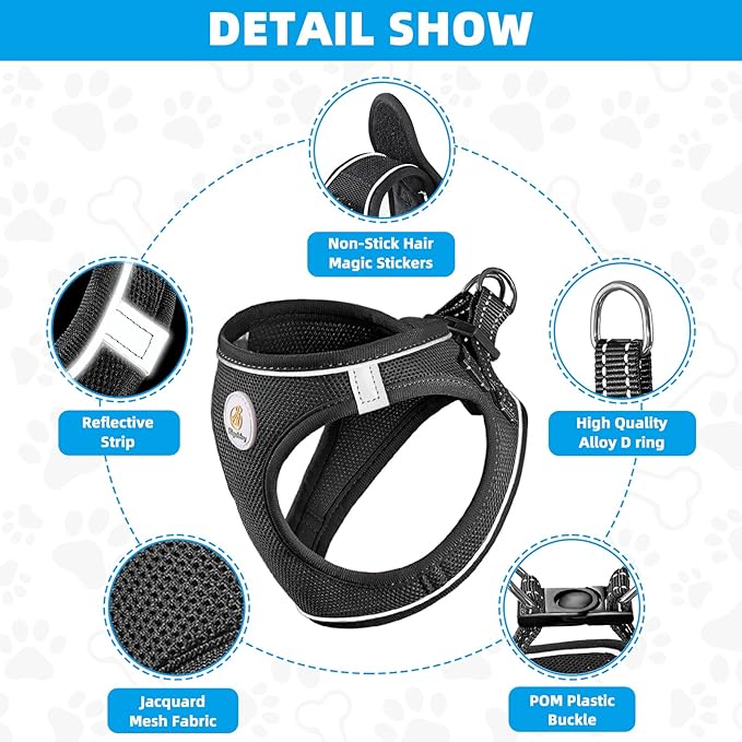 Hipubby Dog Harness and Leash Set, No Pull Soft Mesh Puppy Harness for Small Medium Dogs, Cats - Step in Reflective Breathable Lightweight Vest Harness for Walking, Training - Black, L