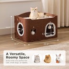 Joydeco Cat House for Indoor Cats, Extra Wide Scratch Resistant Felt Cat Condo, Hideaway Pet Cave Bed with Fluffy Ball and Tunnel for Kitten, Small Dogs, Rabbits, 22.4 x 13.7 x 14.9, Coffee