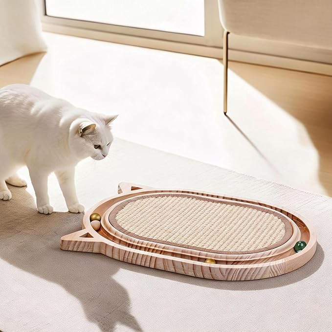 Cat Scratcher Sisal Scratching Pad Toy with Ball Track Wooden Interactive for Indoor Physical Exercise Kitty Medium Kitten Spring Chasing Hunting Mental Bored Adult Enrichment Toys Post