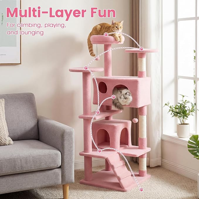 PETSITE 52-inch Cat Tree, Multi-Level Cat Tower with Sisal Scratching Posts, 2 Comfy Condos, Plush Padded Soft Top Perch, Dangling Balls, and Climbing Ladder, Ideal for Indoor Cats (Pink)