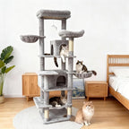 Multi-Level Large Cat Tree, 68-Inch Cat Tower for Indoor Cats, Plush Multi-Color Cat Condo with 4 Scratching Posts, 2 Perches, 2 Caves, Hammock, Pompom，Extra Large Top Perch (Gray)