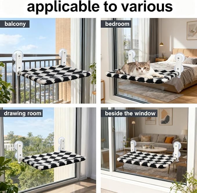 Cat Window Perch, Foldable Cat Hammock Seat for Window with Metal Frame and Large Suction Cups, Window Perch for Cats Inside, Hold 40lb (Black and White, L)