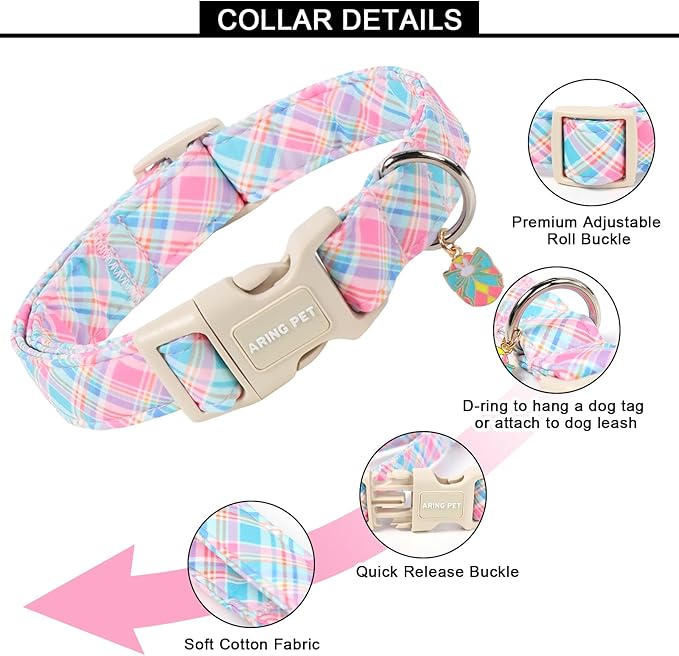 ARING PET Easter Dog Collar, Cute Colorful Plaid Stripe Girl Doggy Collars with Quick Release Buckle for Puppy Small Medium Large Dogs-L