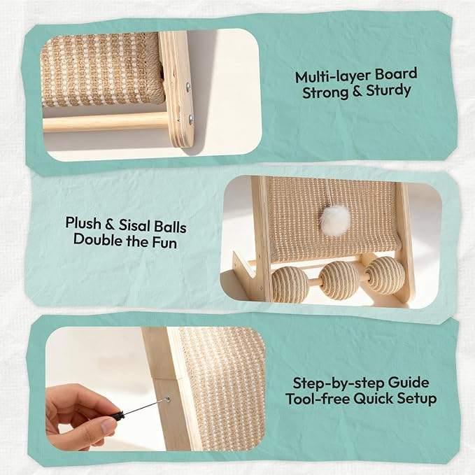 Cat Scratcher for Indoor Cats, L-Shaped Cat Scratching Board & Ramp, Solid Wood Cat Scratch Pad, with Hanging Ball & 3 Bottom Play Balls, Ideal for All Cats (Wood Grain, L)