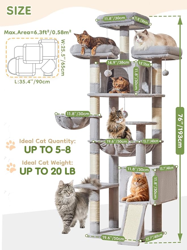 Taoqimiao 76-Inch Cat Tree XXL for Large Cats, Giant Cat Tower with Scratching Board, Extra-Large Metal Hammock, 3 Perches, 7 Sisal Posts, 2 Big Condos, Hanging Basket, Light Gray, MS047W
