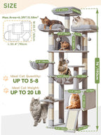 Taoqimiao 76-Inch Cat Tree XXL for Large Cats, Giant Cat Tower with Scratching Board, Extra-Large Metal Hammock, 3 Perches, 7 Sisal Posts, 2 Big Condos, Hanging Basket, Light Gray, MS047W