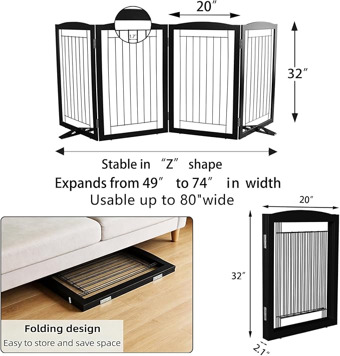 Dog Fence Indoor,Dog Gate Indoor for Doorway pet gate -4-Panel Freestanding, Hallways, House or Stairs -80x32-Inch Retractable Foldable Expandable Wood Pet by SFJC (Black) ﻿