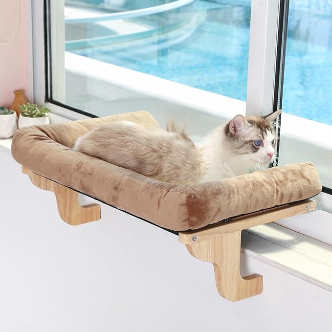 Zakkart Cat Perch for Window Sill with Bolster - Orthopedic Hammock Design with Premium Hardwood & Robust Metal Frame - Cat Window Seat for Large Cats - Natural Color Wood Brown Bed, 26.4''W