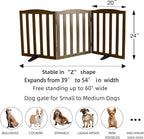 ZJSF Foldable Freestanding Indoor Dog Gate for House Wood Long Pet Gates Dog Fence for Stairs Puppy Gates for Hallways, Puppy Gate,Support Feet Included, Brown, 24 "Height-3 Panels