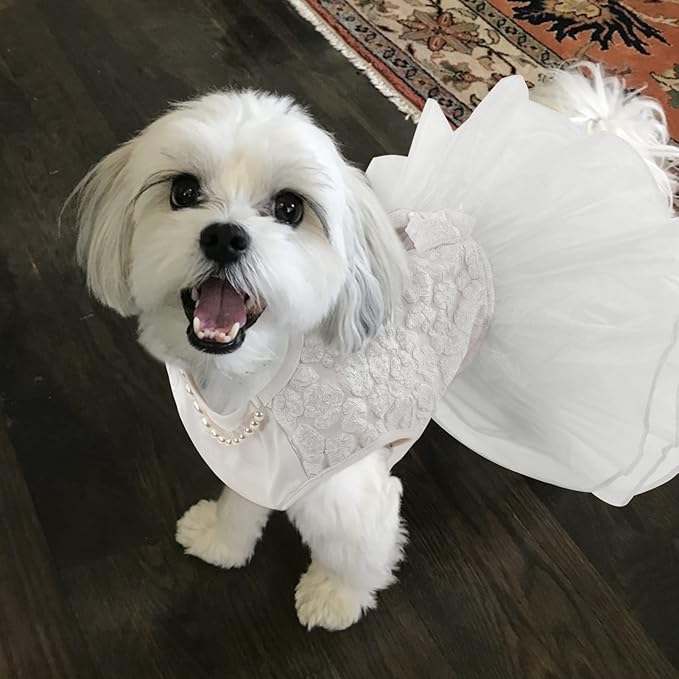 ASENKU Dog Dress, Dog Wedding Dress, Pet Lace Princess Dress with Bows for Wedding Birthday Party, Puppy Formal Apparel with Pearl Necklace for Large Dogs (White, X-Large)